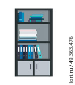 Large Bookcase with Different Books Isolated.. Large bookcase with different books isolated. Folders and documents ordered in bookcase. Modern office interior. Books on bookshelves. Library scene bookcase in flat design style. Vector illustration. Стоковая иллюстрация, агентство Ingram Publishing / Фотобанк Лори