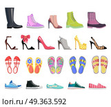 Collection of Shoes Types. Modern Female Footwear. Collection of shoes types icons. Modern colourful female footwear. Casual, classic, platform, heel, ballet, spiked, sandals, moccasins, leather flip-flop loafer Flat design Vector illustration. Стоковая иллюстрация, агентство Ingram Publishing / Фотобанк Лори