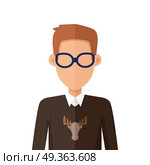 Stylish Young Man in Glasses Avatar or Userpic. Stylish young man in glasses avatar or userpic in flat cartoon design. Boy in casual clothes. Sweater with deer. Close up portrait. Part of series of diverse avatars without facial features. Vector. Стоковая иллюстрация, агентство Ingram Publishing / Фотобанк Лори