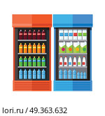 Two Showcases Refrigerators Drinks. Bluea and orange showcases refrigerators for cooling drinks in bottles. Different colored bottles in drinks fridges. Fridge dispenser cooling machine. Isolated objects in flat design on white background. Стоковая иллюстрация, агентство Ingram Publishing / Фотобанк Лори