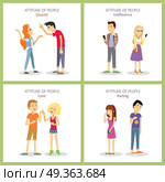 Attitude. Quarrel. Indifference. Love. Parting. Attitude of people. Quarrel. Indifference. Love. Parting. Phlegmatic, sanguine, choleric, melancholic temperament of teenagers. Couple man and woman in different emotional states. Vector illustration. Стоковая иллюстрация, агентство Ingram Publishing / Фотобанк Лори