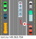 Car Breaks Traffic Rules. Overtaking is Forbidden. Car breaks traffic rules. Red car goes on trolleybus line. Complete breakdown of traffic organization. Auto overtaking trolleybus. Overtaking is forbidden. Danger on road. Vector illustration. Стоковая иллюстрация, агентство Ingram Publishing / Фотобанк Лори
