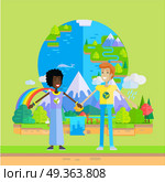 Smiling man and woman holding hands on planet Earth and nature background. Ecologist, environmentalist, nature protection activist or volunteer illustration. Flat design. International earth day.. Earth Day Celebrating Concept Vector Illustration.. Earth Day Celebrating Concept Vector Illustration. Стоковая иллюстрация, агентство Ingram Publishing / Фотобанк Лори