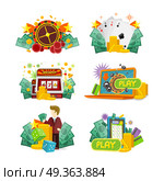 Casino Gambling Icons Set. Casino, slot machines, dice, poker and online games icons. European roulette wheel, chips, croupier, craps dice, slot machine and playing cards on white background. Icons for online casino. Стоковая иллюстрация, агентство Ingram Publishing / Фотобанк Лори