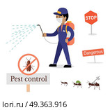 Set of Pest Control Banner. Set of pest control signs. Service employee pest control man in uniform with balloons and sprays. Banner for web page or website. Sign of a red circle with an insect. Vector illustration. Стоковая иллюстрация, агентство Ingram Publishing / Фотобанк Лори