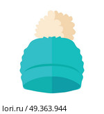 Warm blue hat with pompon vector. Flat design. . Warm Hat with Pompon Flat Design Illustration. Warm Hat with Pompon Flat Design Illustration. Стоковая иллюстрация, агентство Ingram Publishing / Фотобанк Лори