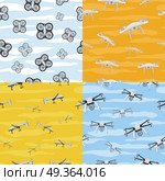 Seamless Pattern Drone Icon Flying in Sky. Vector. Seamless pattern drone icon flying in the sky. Unmanned aerial vehicle or aircraft system, without a human pilot aboard. Quadcopter sign symbol. Flying for aerial photography or video shooting. Vector. Стоковая иллюстрация, агентство Ingram Publishing / Фотобанк Лори