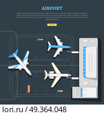 Airport. Aircraft Location. Marking. Emplanement. Vector informative picture about airport structure and location planes. Main building, runway, lorry with luggage, bus with passengers on illustration. For aviation websites, airport scheme. Стоковая иллюстрация, агентство Ingram Publishing / Фотобанк Лори