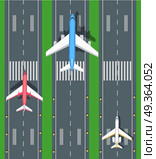 Set of Aviation Vector Airplanes on Runways. Set of aviation vector airplanes on runways illustration. Plane, airport, takeoff, grass, marking, lights. Vector informative poster, banner illustration. For airport hall or website about airplanes. Стоковая иллюстрация, агентство Ingram Publishing / Фотобанк Лори