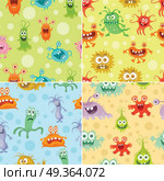 Set of Seamless Pattern with Good and Bad Bacteria. Set of seamless patterns with good and bad bacteria cartoon characters. Funny virus germs in flat style. Microbes endless texture. Dangerous organisms parasites. Wallpaper design. Vector illustration. Стоковая иллюстрация, агентство Ingram Publishing / Фотобанк Лори