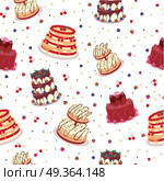 Tasty Celebratory Cakes Vector Seamless Pattern. Tasty celebratory cakes seamless pattern. Decorated with colored frosting, fruits, chocolate, cream cakes flat vector illustrations on white background. For greeting card, wrapping paper. Стоковая иллюстрация, агентство Ingram Publishing / Фотобанк Лори
