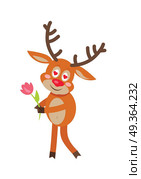 Cute deer in love cartoon. Blushful horned reindeer standing with tulip flower in hands and hearts in eyes flat vector illustration isolated on white background. For Valentine card, romantic concept. Deer in Love cartoon flat vector illustration. Deer in Love cartoon flat vector illustration. Стоковая иллюстрация, агентство Ingram Publishing / Фотобанк Лори