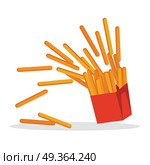 French Fries Isolated on White. Crispy Potatoes. French fries isolated on white. Crispy potatoes in red paper bag. Junk unhealthy food. Consumption of high calories nourishment fast food. Part of series of promotion healthy diet and good fit. Vector. Стоковая иллюстрация, агентство Ingram Publishing / Фотобанк Лори