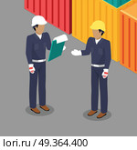 Cargo Worker and Foreman Talking in Warehouse.. Cargo Worker and Foreman Talking in Warehouse. Two people discussing business issues near the ship container cargoes. Engineer and worker in helmets talking in flat style design. Vector illustration. Стоковая иллюстрация, агентство Ingram Publishing / Фотобанк Лори