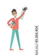 Man with Loud Speaker and Photo Camera. Sale Price. Man with loud speaker and photo camera at sale discount price isolated. Plastic sound regulating musical device. Music producing column. Professional acoustic amplifier. Vector in flat design style. Стоковая иллюстрация, агентство Ingram Publishing / Фотобанк Лори