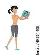 Woman Holds Bathroom Scale with Price Reducing Tag. Woman holds bathroom scales with price reducing tag isolated on white. Foot scale electronic device sale. Measurement of weight equipment. Household appliance. Instrument for measuring weight. Vector. Стоковая иллюстрация, агентство Ingram Publishing / Фотобанк Лори