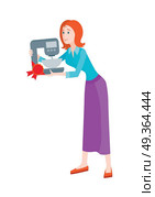 Woman Buys Mixer with Bowl on Sale at Discount. Woman buys mixer with bowl on sale. Discount on household appliances. Kitchen utensil used a gear-driven mechanism to rotate set of beaters in bowl with food. Tirring, whisking or beating. Vector. Стоковая иллюстрация, агентство Ingram Publishing / Фотобанк Лори