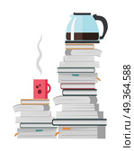  offee Pot and Cup of Coffee on the Heap of Books.  offee pot and cup of strong hot coffee on the heap of books isolated on white. Teapot for brewing and pouring tea. Make pause in the office work. Part of series of daily routine of the week. Vector. Стоковая иллюстрация, агентство Ingram Publishing / Фотобанк Лори