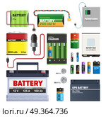Set of batteries. Primary cells or non-rechargeable batteries. Secondary cells or rechargeable batteries. Automotive battery. Power bank. High discharge universal battery, cylindrical dry AA battery. Set of Batteries. Primary Cells Power Bank. Vector. Set of Batteries. Primary Cells Power Bank. Vector. Стоковая иллюстрация, агентство Ingram Publishing / Фотобанк Лори
