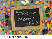 Colorful halloween candies on stone. Trick and treat letters on blackboard with colorful halloween candies on stone with copy space. Стоковое фото, агентство Ingram Publishing / Фотобанк Лори