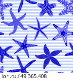 Sea stars seamless pattern. Marine striped backgrounds with starfishes. Starfish underwater invertebrate animal. Vector illustration. Sea stars seamless pattern. Marine striped backgrounds with starfishes. Starfish underwater invertebrate animal. Vector illustration. Стоковая иллюстрация, агентство Ingram Publishing / Фотобанк Лори