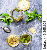 Jam from fresh spearmint. Aromatic curative jam from fresh mint leaves.Peppermint jelly. Стоковое фото, агентство Ingram Publishing / Фотобанк Лори