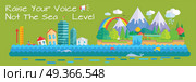 Global warming and sea level increase vector concept. Flat design. City with humans drowning by sea level rise. Beautiful nature cartoon landscape with rainbow, mountains, clods, waterfall, animals. . Warming and Sea Level Increase Vector Concept.  . Warming and Sea Level Increase Vector Concept.  . Стоковая иллюстрация, агентство Ingram Publishing / Фотобанк Лори