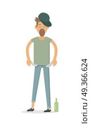 Pauper Men with Empty Pockets Isolated on White. Pauper men with empty pockets isolated on white. Bottle of vodka whisky near by. Alky, wino male. Unfortunate, poverty pleb. Alcoholic, dipsomaniac, drunkard. Vector illustration in flat style. Стоковая иллюстрация, агентство Ingram Publishing / Фотобанк Лори