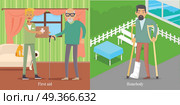 First Aid for Oldsters. Man walk with Broken Leg. First aid of medical workers for oldsters. Young doctor with medicine chest helps man. Man walks with broken leg in park. Health care, medical care concept. Vector illustration poster for hospitals websites. Стоковая иллюстрация, агентство Ingram Publishing / Фотобанк Лори