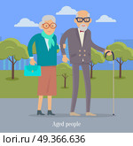 Aged People Walking in Park Happy Senior Man Woman. Aged people walking in park. Happy senior man and woman together. Middle aged couple. Older man and woman having fun together. Senility old aged senium in flat style design. Vector illustration. Стоковая иллюстрация, агентство Ingram Publishing / Фотобанк Лори