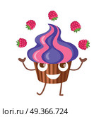 Sweets. Fruit Cupcake Juggle with Four Raspberries. Sweets. Fruit cupcake juggle with four raspberries. Violet-pink high muffin in brown stripped form for baking. Side view of colourful bun. Funny cartoon character. Flat design. Vector illustration. Стоковая иллюстрация, агентство Ingram Publishing / Фотобанк Лори