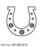 Golden Horseshoe Conceptual Vector Illustration. Monochrome, black horseshoe vector. Traditional symbol of fortune and luck in with dollar signs. Illustration for gambling industry, online game and lottery services. Isolated on white background. Стоковая иллюстрация, агентство Ingram Publishing / Фотобанк Лори