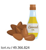 Linseed Oil Vector Illustration in Flat Design.. Linseed oil and flax seeds vector. Flat design. Healthy food, diet and cosmetic products. Seasoning. Culinary ingredient, source of protein, vitamins, fatty acids. Isolated on white background.. Linseed Oil Vector Illustration in Flat Design. Стоковая иллюстрация, агентство Ingram Publishing / Фотобанк Лори