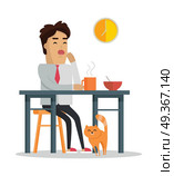 Fatigue after work day concept. Vector in flat design. Tired man in a shirt and tie yawning at the table during dinner at home. Early waking up and lack of sleep. On white background. Fatigue After Work Day Flat Style Illustration . Fatigue After Work Day Flat Style Illustration . Стоковая иллюстрация, агентство Ingram Publishing / Фотобанк Лори
