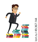 Career progression vector concept. Flat design. Smiling businessman character climbs the stairs of documents. Paper work and education. For business concepts and infographics. On white background.. Career Progression Vector Concept in Flat Design. Career Progression Vector Concept in Flat Design. Стоковая иллюстрация, агентство Ingram Publishing / Фотобанк Лори