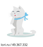 Cute Cartoon Cat with Blue Ribbon. Cute cartoon cat with blue ribbon. The gray cat washes, licks a paw. Cat is washing itself. Cat icon. Pet icon. Isolated vector illustration on white background. Стоковая иллюстрация, агентство Ingram Publishing / Фотобанк Лори