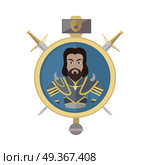 Coat of Arms Shield with Swords Illustration.  . Coat of arms shield with swords and hummer vector. Flat style. Cold weapon and armor with king portrait. Illustration for games industry concepts, icons and pictograms. Isolated on white background. Стоковая иллюстрация, агентство Ingram Publishing / Фотобанк Лори