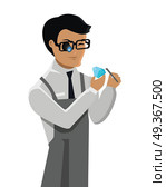 Jeweler Man Examines Diamond Isolated on White.. Jeweler man examines the diamond isolated on white. Young jeweler in glasses examines faceted diamond in workplace. Flat style design. Occupation person to work with precious stones. Vector. Стоковая иллюстрация, агентство Ingram Publishing / Фотобанк Лори