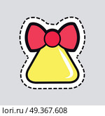 Christmas Big Yellow Bell with Red Ribbon. Patch. Christmas big yellow bell with red ribbon patch. Cut out of paper. Red bow on top. Bell in triangular shape. Round brinks beneath xmas ringer. Front view. Simple cartoon design. Flat style. Vector. Стоковая иллюстрация, агентство Ingram Publishing / Фотобанк Лори