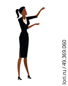 Businesswoman vector in flat design. Female character in business clothing with hands raised spends visual presentation. Human pose template for companies ad concepts, infographics. Isolated on white.. Businesswoman Vector Illustration in Flat Design. Стоковая иллюстрация, агентство Ingram Publishing / Фотобанк Лори