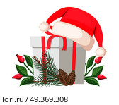Santa Claus hat lying on white gift bow with red ribbon near evergreen spruce tree with branch of canker-rose and cone. Vector illustration set with cartoon Christmas elements in flat design. Santa Claus Hat Lying on Gift Bow with Red Ribbon. Стоковая иллюстрация, агентство Ingram Publishing / Фотобанк Лори