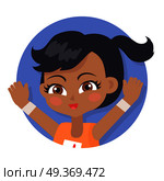 Isolated girl with pigtail avatar userpic. Black forelock. Hazel eyes. Portrait of nice female person in orange t-shirt. Pink flush on face. Simple cartoon style. Flat design. Vector illustration. Girl with Raised Hands. Black Pigtail and Forelock. Стоковая иллюстрация, агентство Ingram Publishing / Фотобанк Лори