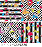 Seamless patterns set with patch objects for teens. Cap, sport footwear, pizza, bitten doughnut, cat, human skull with flower, diamond, lips, glasses, ice cream, love, cocktail thunder sign hashtag. Seamless Patterns Set with Patch Objects for Teens. Стоковая иллюстрация, агентство Ingram Publishing / Фотобанк Лори