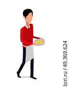 Restaurant. Full length picture of isolated waiter walking with plate in hands. Cymbals with some kind of food. Hasher wearing red blouse, dark trousers and white apron. Flat design. Vector.. Restaurant. Walking Waiter with Plate in Hands. Стоковая иллюстрация, агентство Ingram Publishing / Фотобанк Лори