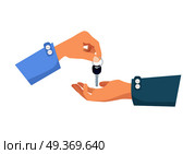 One hand giving key to another. Process of buying renting selling in cartoon style flat design. Vector illustration of two isolated arms with key. Agreement between two people about sales purchase.. One Hand Giving Key to Another. Process of Buying. Стоковая иллюстрация, агентство Ingram Publishing / Фотобанк Лори