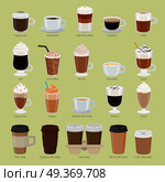 Set of coffee types and packages. Coffee menu vector illustration. Preparation of beverages. Collection of glasses with cappuccino, latte, espresso, americano, mocha, frappuccino. Take away. Vector. Set of Coffee Types and Packages. Coffee Menu. Стоковая иллюстрация, агентство Ingram Publishing / Фотобанк Лори