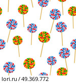 Caramel striped candy on sticks seamless pattern. Funny sweet cartoon lollies endless texture of confectionery in flat design. Bonbon lollipop wrapping paper with delicious colorful spiral dessert. Caramel Striped Candies on Sticks Seamless Pattern. Стоковая иллюстрация, агентство Ingram Publishing / Фотобанк Лори