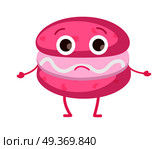 Pink unhappy macaroon with eyes, thin arms and legs. Isolated sweets icon. Tiered disappointed cake with light stuffing. Fresh confectionery. Simple cartoon style. Flat design. Vector illustration. Sweets. Icon of Isolated Pink Unhappy Macaroon. Стоковая иллюстрация, агентство Ingram Publishing / Фотобанк Лори