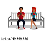 Internet addiction concept vector. Flat design. Man and woman seating on bench with mobile phones in hands. People online communication picture for infographics, web design. Isolated on white.. Internet Addiction Concept Vector in Flat Design. Стоковая иллюстрация, агентство Ingram Publishing / Фотобанк Лори