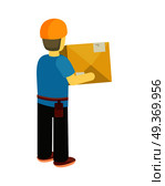Delivery man holds package in his hands. Manager deliver goods to designated place. Equipment delivery process of warehouse. Loader man isolated on white background. Business delivery of cargo. Vector. Delivery Man Worker Holds Package in his Hands. Стоковая иллюстрация, агентство Ingram Publishing / Фотобанк Лори